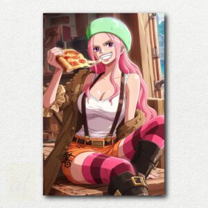 Anime-style painting design of Bonnie from One Piece eating a slice of pizza, detailed and colorful paint by numbers kit.