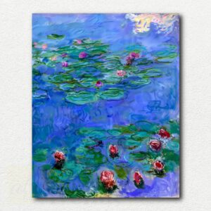 Original paint by numbers design of Claude Monet's Water Lilies with red and pink lilies floating on blue and green water surface.