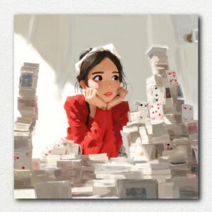 Fantasy castle made of playing cards on a table with a golden key and two red dice in front, digital canvas print with clear numbered sections.