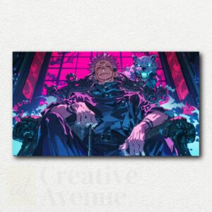 Pop-art style paint by numbers kit design of Sukuna from Jujutsu Kaisen with bright blue, red, yellow, and pink color blocks on a white background.