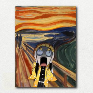 Digital paint by numbers kit image of Zenitsu Agatsuma from Demon Slayer in a screaming pose parodying The Scream with bright colors.