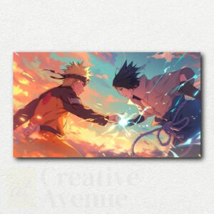 Digital paint by numbers design of Naruto and Sasuke in their final battle from Naruto Shippuden with vibrant colors on a white background.